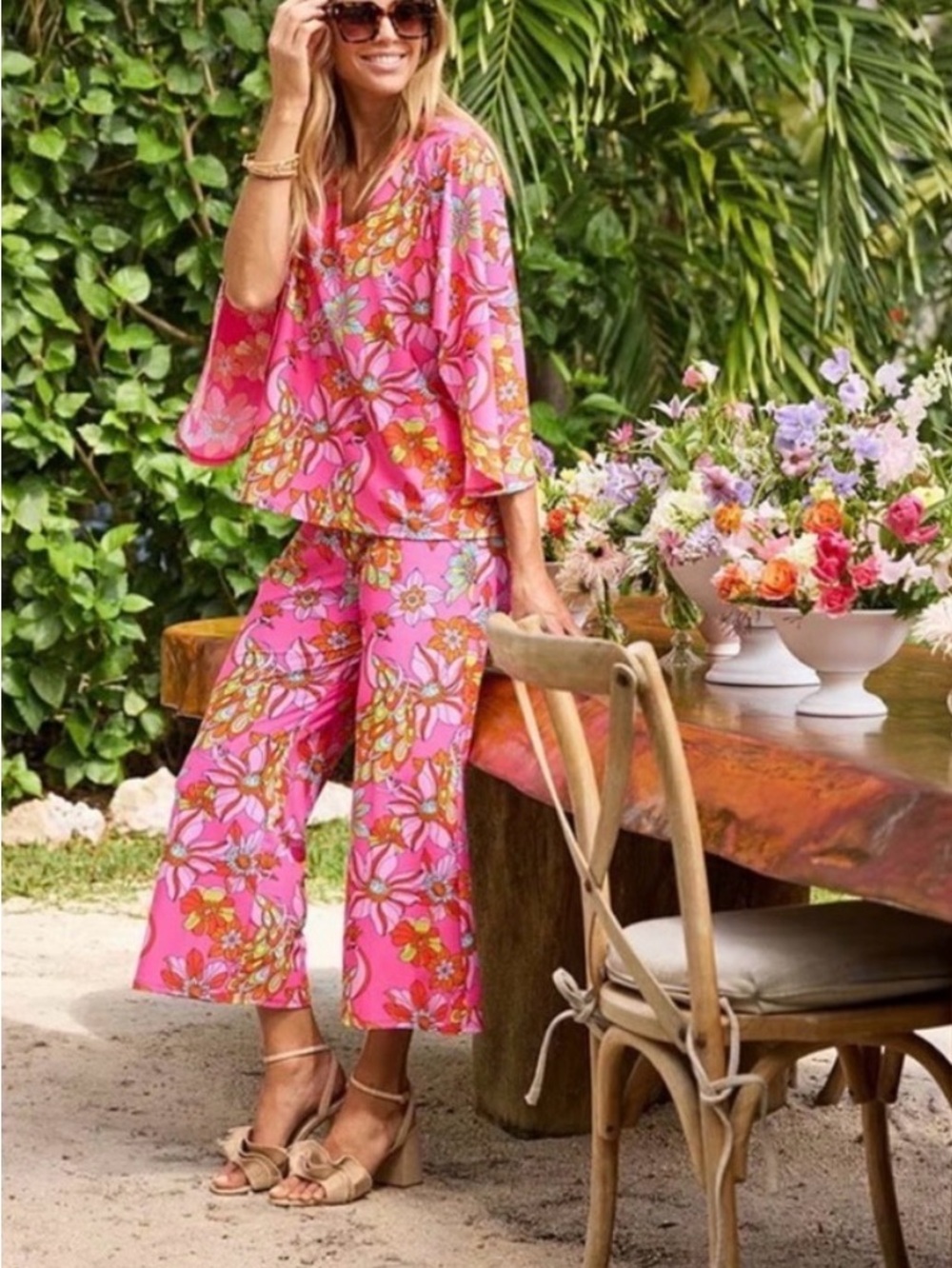 Jude Connally Trixie Cropped Wide LegPant Twirling Pink Peacock Floral | Size M